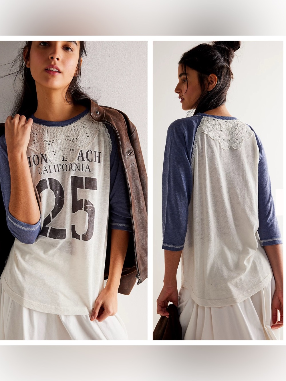 NWT Free People We The Free Champ Tee 3/4 sleeve Long Beach sz M boho lace trim